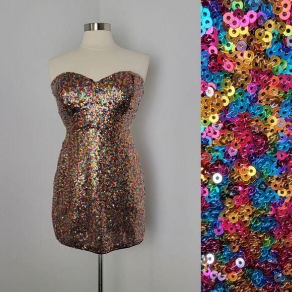 Lulus Magical Night Rainbow Sequin Strapless Cutout Bodycon Mini Dress Large - Picture 3 of 16